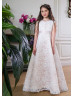 Cap Sleeves Ivory Lace Flower Girl Dress With Rose Lining